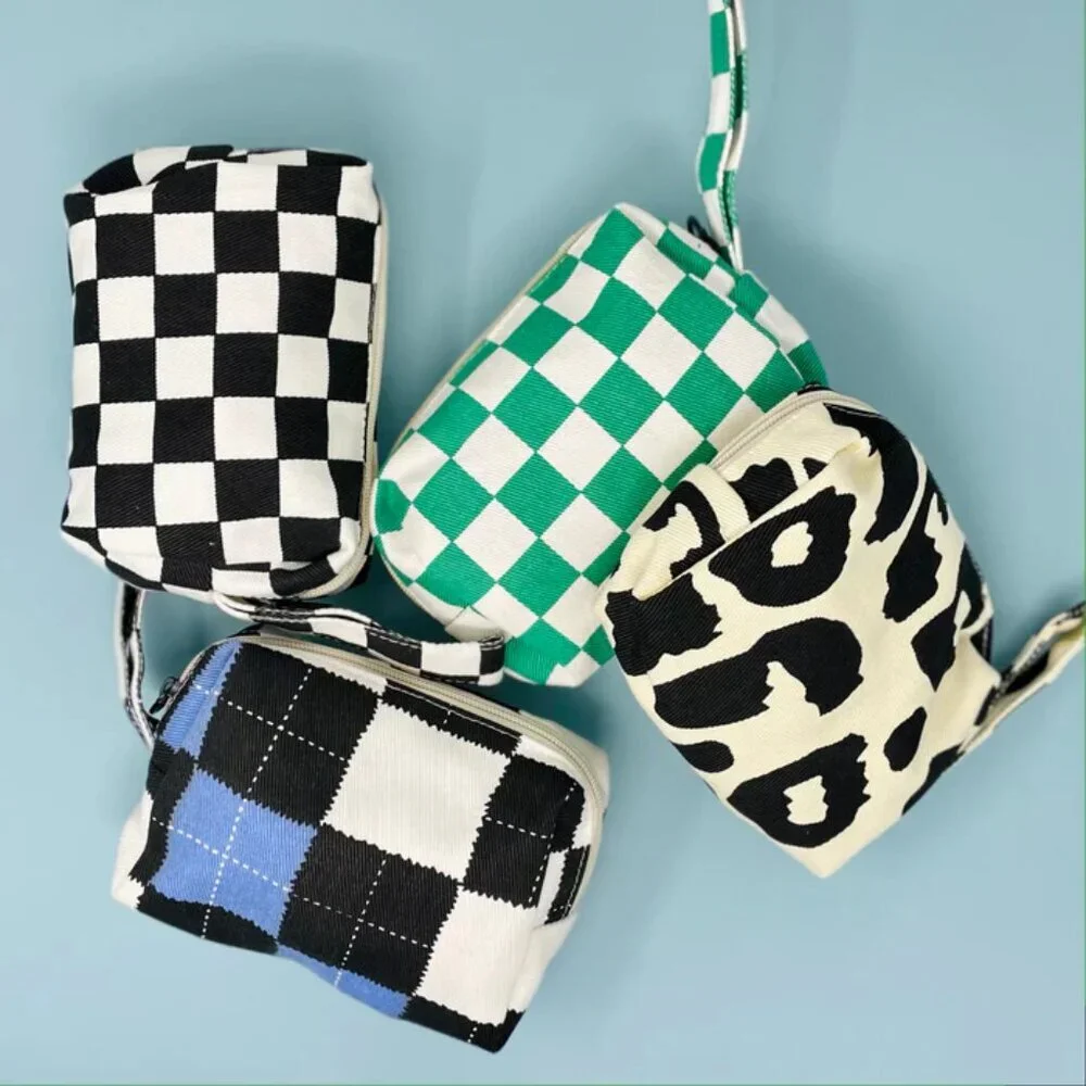 NWT Canvas Zippered Black Checkerboard Makeup Clutch